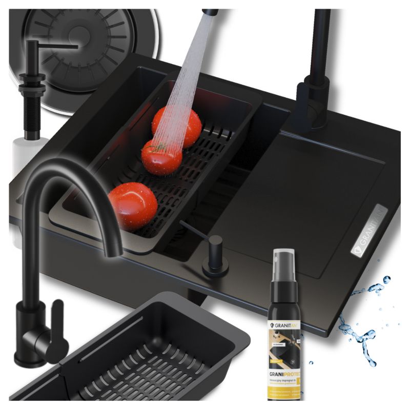 Zlew granitowy jednokomorowy Granitan z Baterią, Syfonem, Koszykiem i Dozownikiem 1kpl.