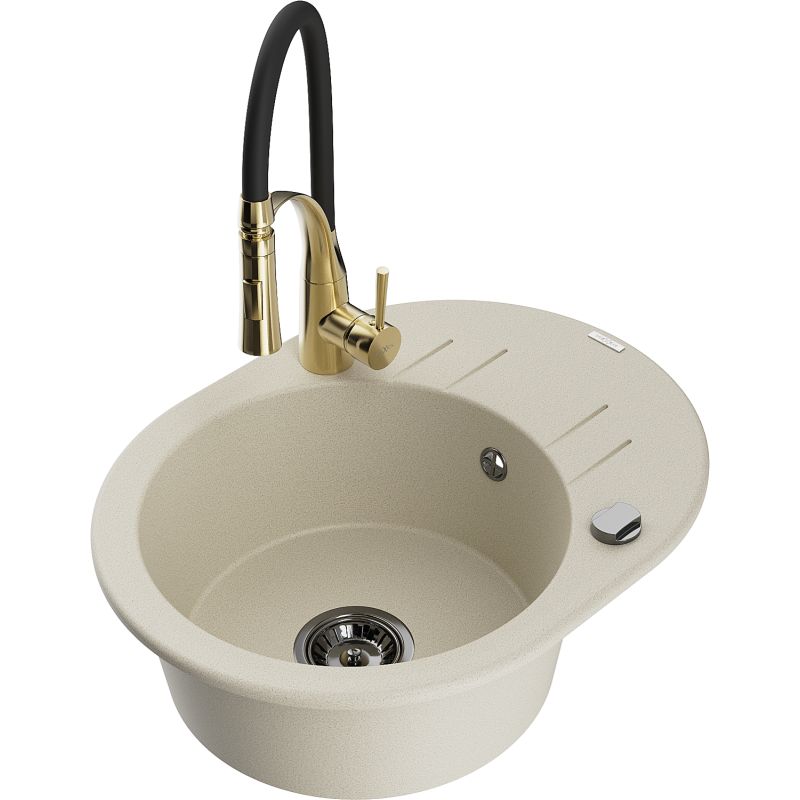 Zlewozmywak granitowy 1-komorowy Mexen Kevin z ociekaczem i baterią kuchenną Aster beżowy 6517-69-73450-57-B