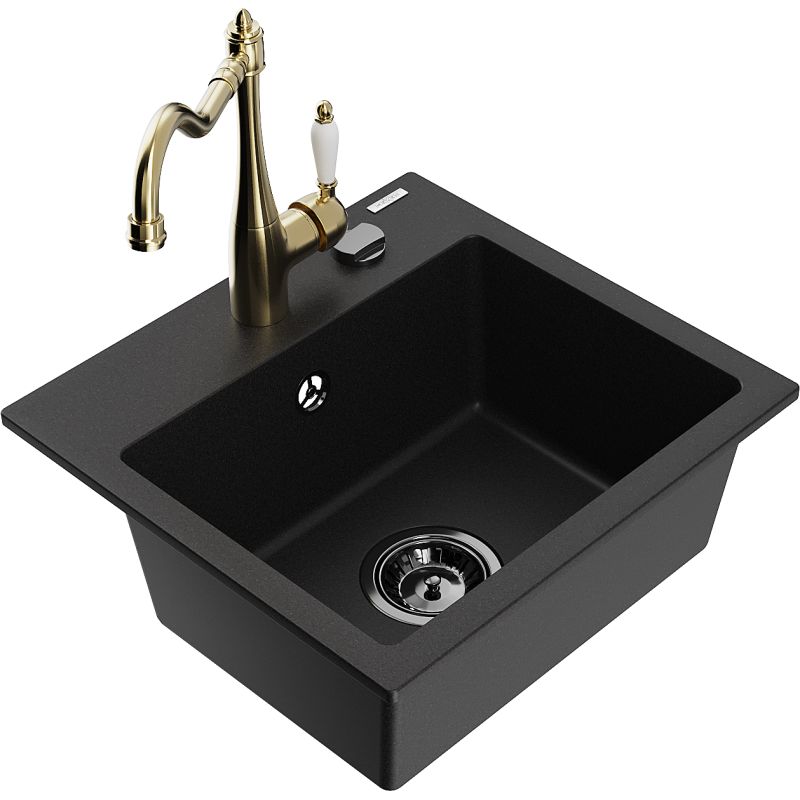 Zlewozmywak granitowy 1-komorowy Mexen Milo z baterią kuchenną Carla czarny - 6505-77-670700-70 1 szt.