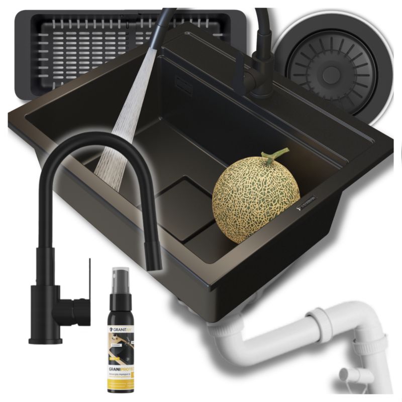 Zlewozmywak granitowy Granitan Stone L Jednokomorowy z Baterią Grado Plus, Syfonem i Koszykiem 1kpl