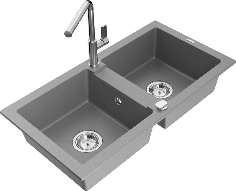 Zlewozmywak granitowy Mexen Mario 2-komorowy z baterią kuchenną Flora szary 6504-71-670401-00