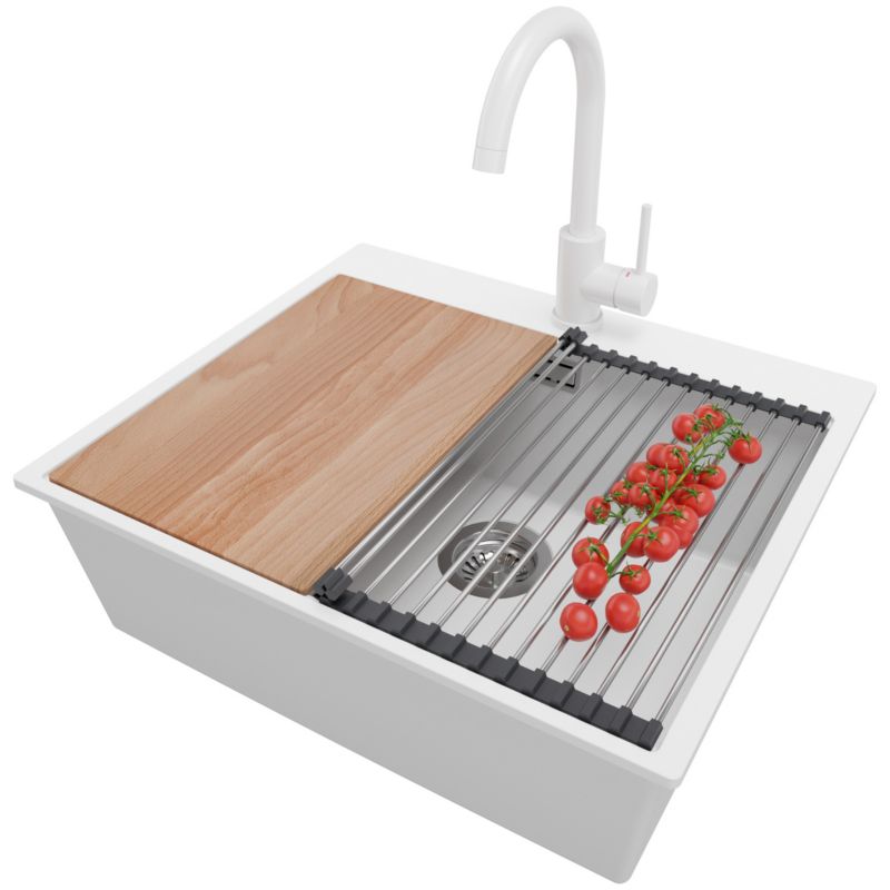 Zlewozmywak Granitowy Oslo PRIMAGRAN Nablatowy 58x50cm do szafki od 60cm z Syfonem i Baterią i Dodatkiem Biały 1 szt.