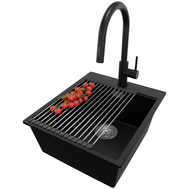 Zlewozmywak Granitowy Oslo PRIMAGRAN Nablatowy 43x50cm do szafki od 45cm z Syfonem i Baterią i Dodatkiem Czarny 1 szt.