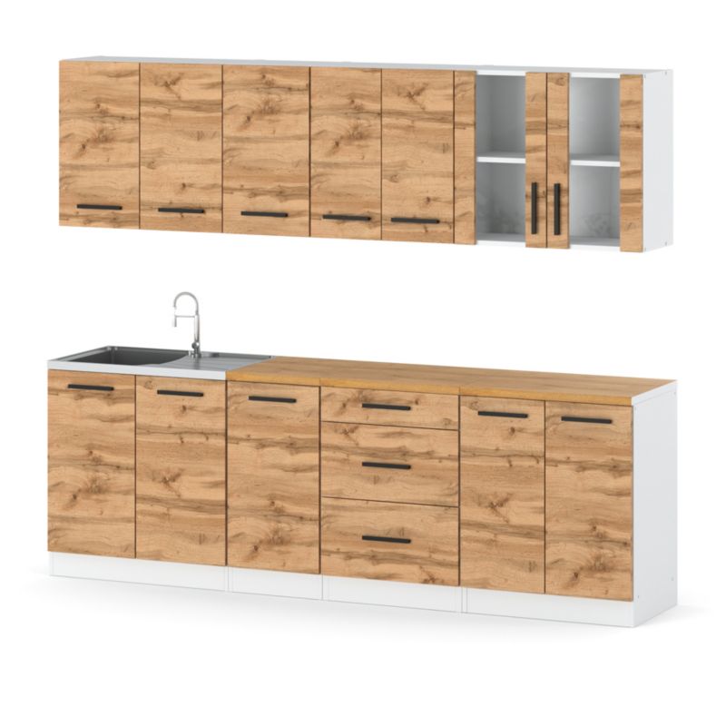 Zestaw Kuchenny Hurtownia-Mebli Z Blatem Kuchnia Remino 260cm Biały Mat Dąb Wotan 260x47x145 cm 1szt.