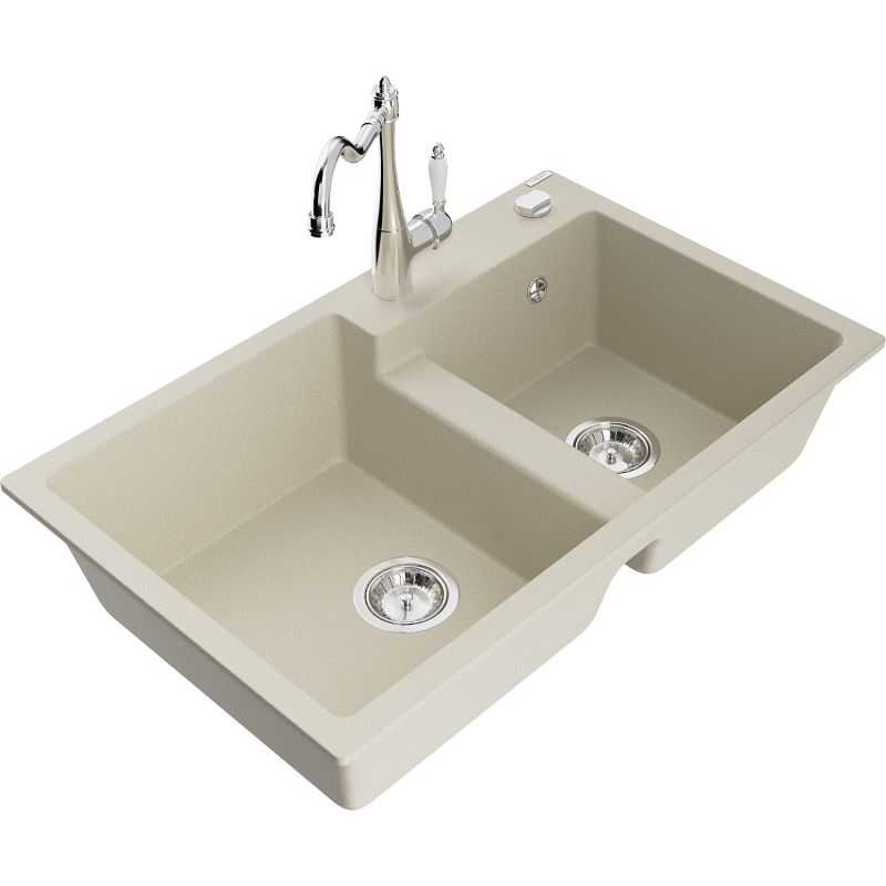Zlewozmywak granitowy 2-komorowy Mexen Tomas z baterią kuchenną Carla beżowy 6516-69-670700-00