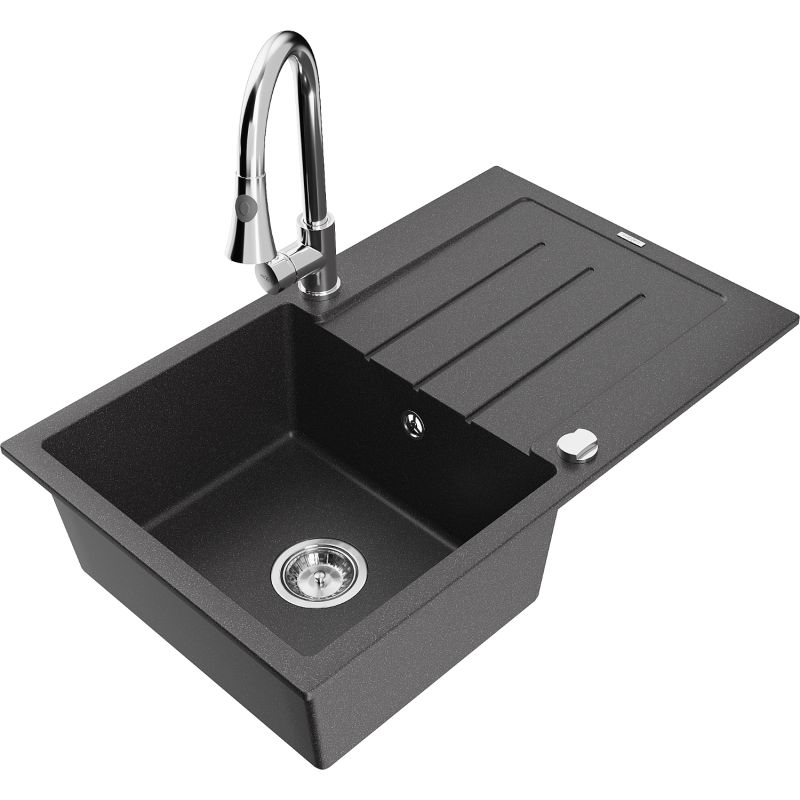 Zlewozmywak granitowy 1-komorowy Mexen Bruno z ociekaczem i baterią kuchenną Elia czarny nakrapiany 6513-76-670101-00