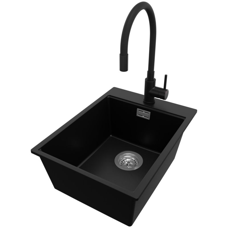 Zlewozmywak Granitowy Oslo PRIMAGRAN Nablatowy 38x50cm do szafki od 40cm z Syfonem i Baterią Czarny 1 szt.