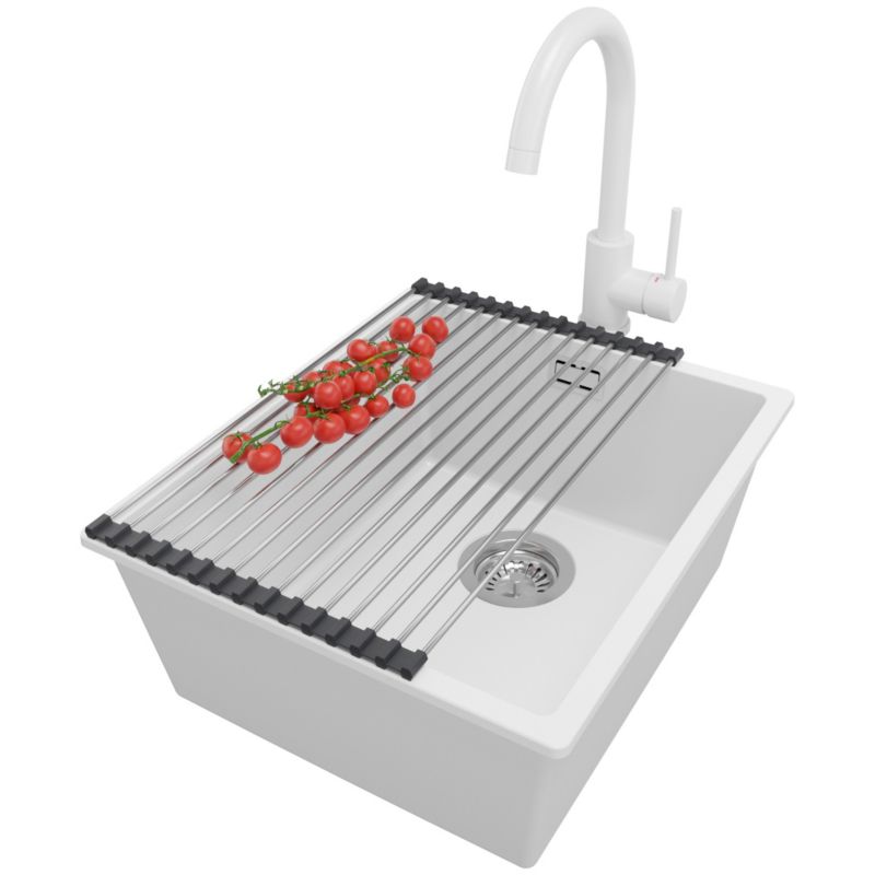 Zlewozmywak Granitowy Londyn Slim PRIMAGRAN Nablatowy 41x47cm do szafki od 45cm z Syfonem i Baterią i Dodatkiem Biały 1 szt.