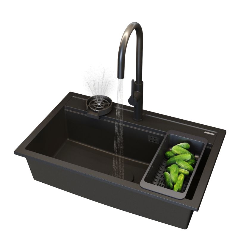 Zlewozmywak Granitowy Jednokomorowy Granitan Asti Czarny Duży Zestaw Zlewozmywak Bateria Ociekarka Myjka Maskownica 1 kpt.