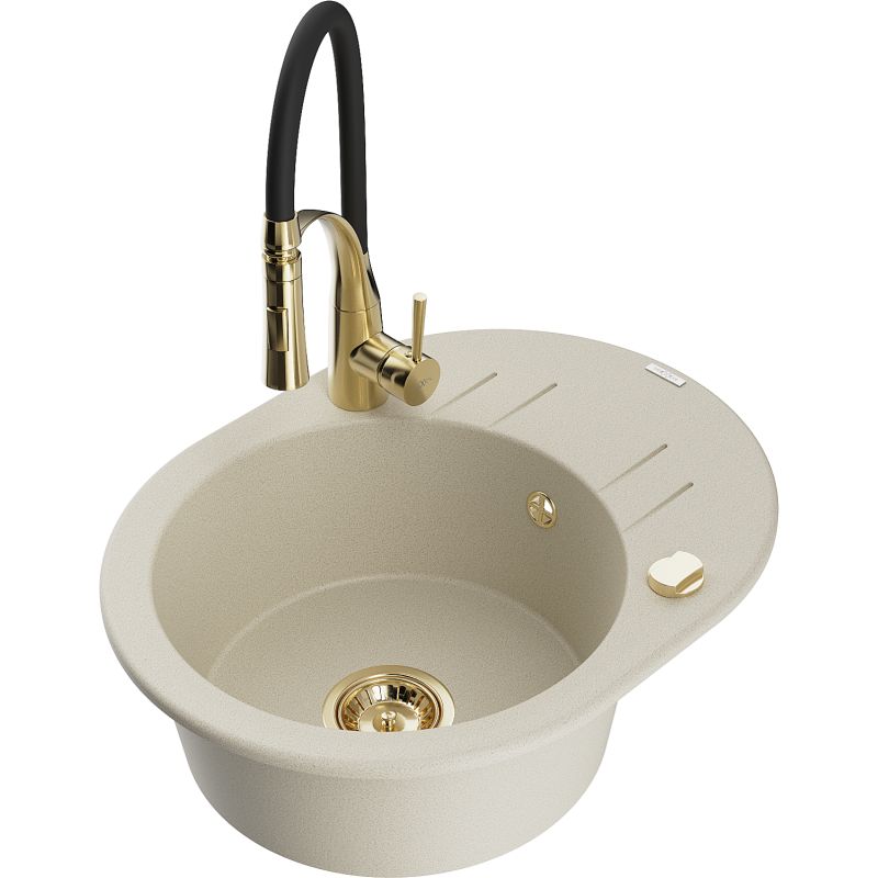 Zlewozmywak granitowy 1-komorowy Mexen Kevin z ociekaczem i baterią kuchenną Aster beżowy 6517-69-73450-57-G