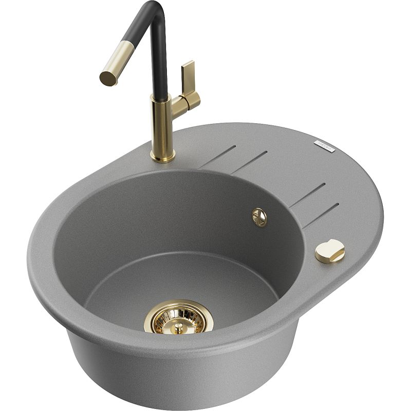 Zlewozmywak granitowy 1-komorowy Mexen Kevin z ociekaczem i baterią kuchenną Flora szary 6517-71-670401-57-G