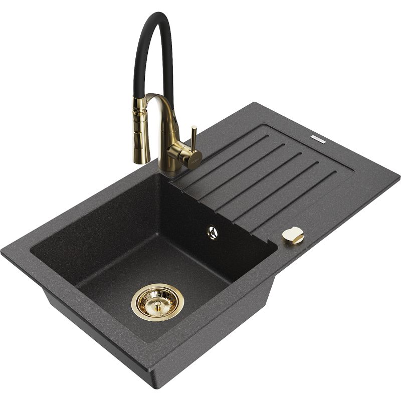 Zlewozmywak granitowy 1-komorowy Mexen Pablo z ociekaczem i baterią kuchenną Aster czarny nakrapiany 6510-76-73450-57-G