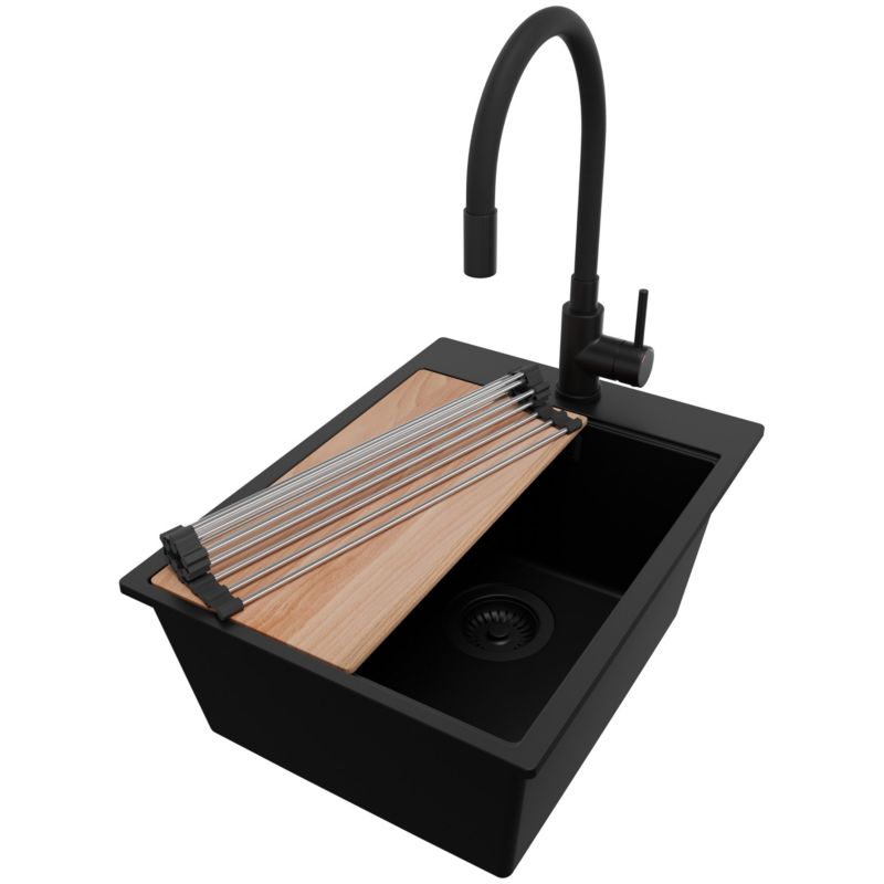 Zlewozmywak Granitowy Oslo PRIMAGRAN Nablatowy 38x50cm do szafki od 40cm z Syfonem i Baterią i Dodatkiem Cały Czarny 1 szt.