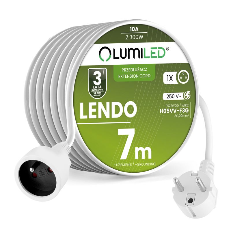 Przedłużacz Sieciowy Lumiled Kabel z Uziemieniem Listwa Zasilająca 1 Gniazdo 7m Biały Sznur 1 szt.