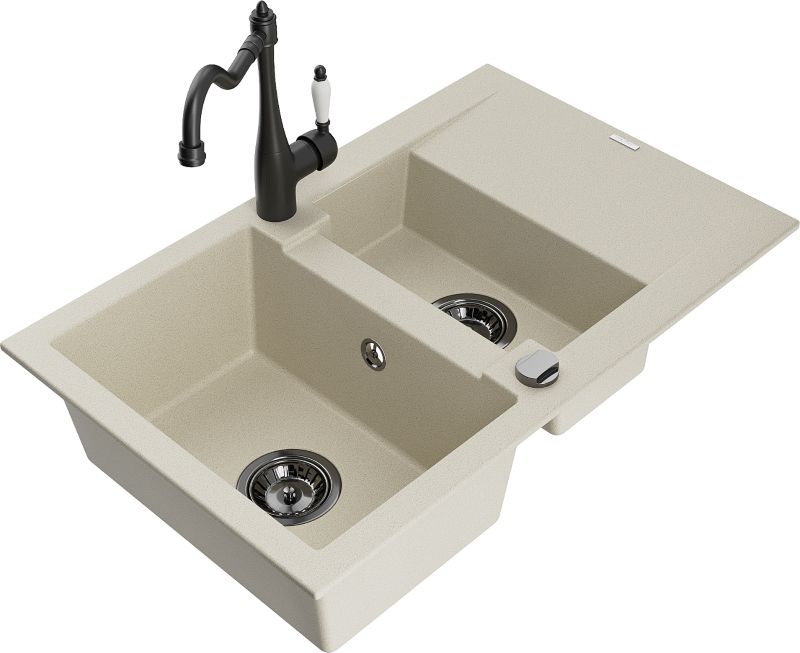 Zlewozmywak granitowy Mexen Gaspar 1,5-komorowy z ociekaczem i baterią kuchenną Carla biały - 6507-20-670700-70 1 szt.