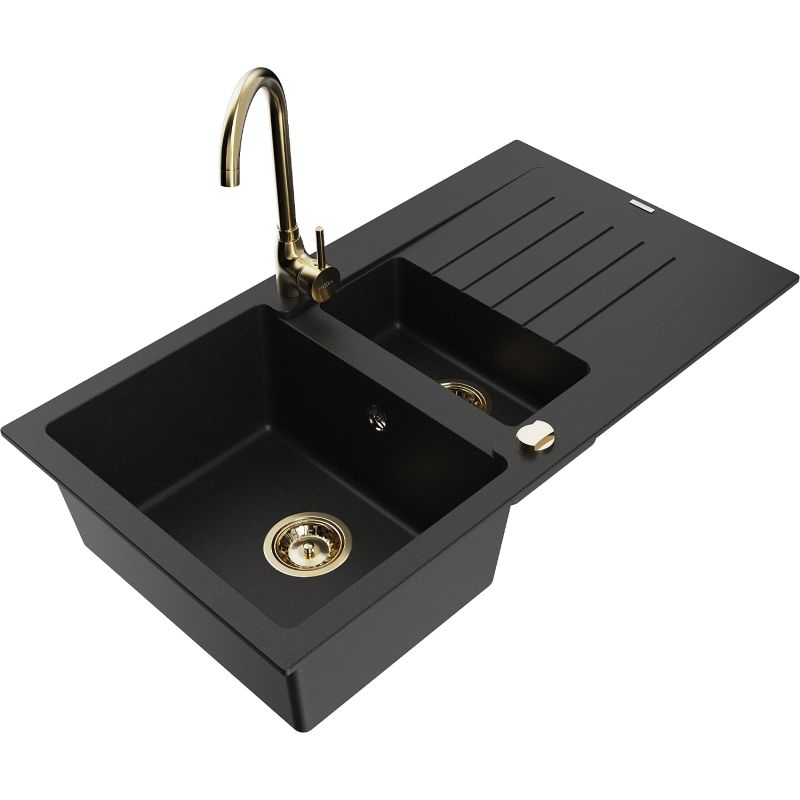 Zlewozmywak granitowy 1.5-komorowy Mexen Matias z ociekaczem i baterią kuchenną Telma czarny - 6502-77-670200-70 1 szt.