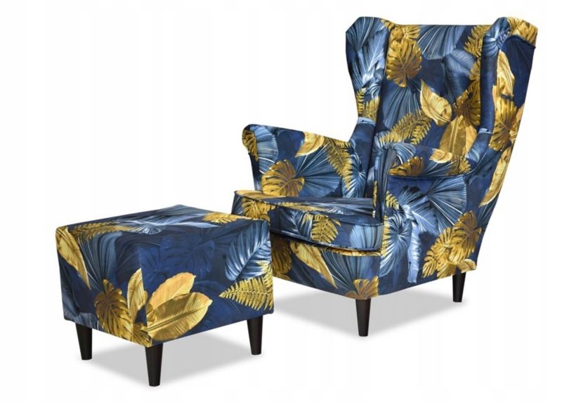Fotel uszak do salonu z podnóżkiem Family Meble ARI PRINT monstera 1szt