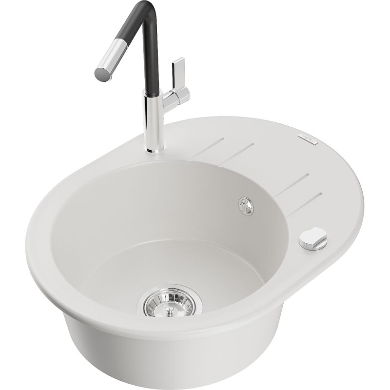 Zlewozmywak granitowy 1-komorowy Mexen Kevin z ociekaczem i baterią kuchenną Flora biały 6517-20-670401-07