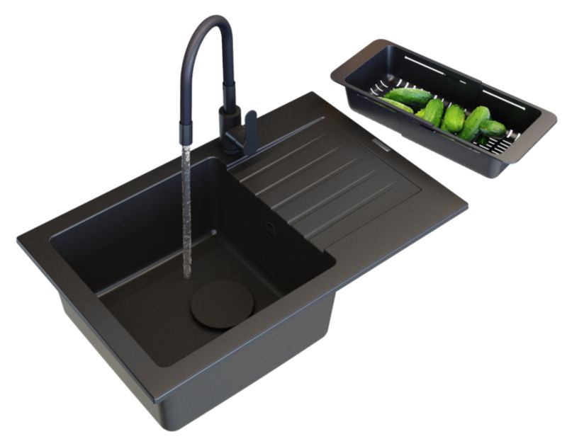 Zlewozmywak Granitowy Granitan Mino z Syfonem, Zaślepką i Baterią Grado 1kpl.