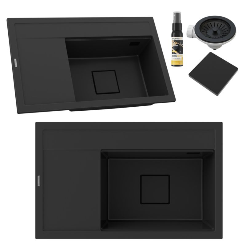 Zlewozmywak Granitowy Granitan Rendo czarny Komora Prawa z Syfonem 1kpl.