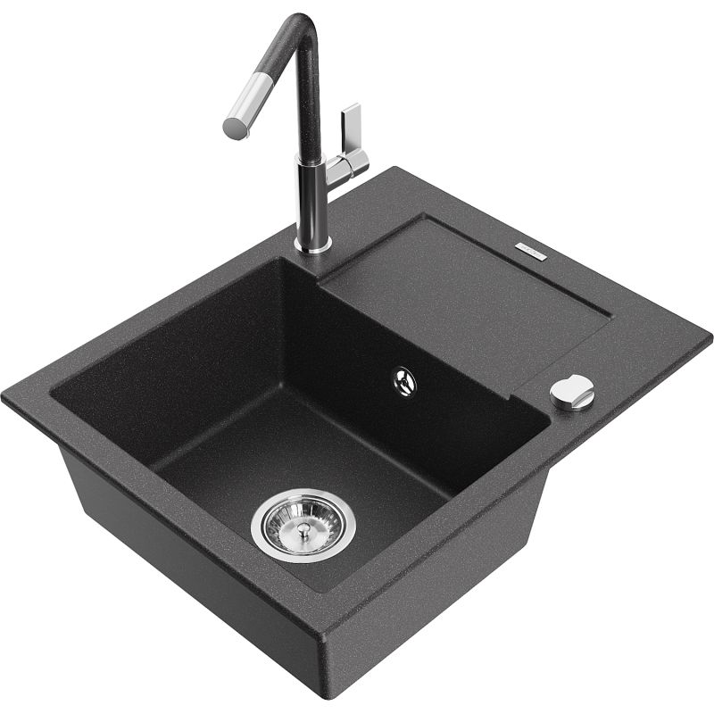 Zlewozmywak granitowy 1-komorowy Mexen Enzo z ociekaczem i baterią kuchenną Flora czarny nakrapiany 6506-76-670401-08
