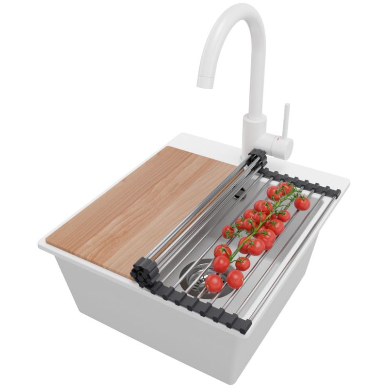 Zlewozmywak Granitowy Ryga Easy PRIMAGRAN Nablatowy 38x44cm do szafki od 40cm z Syfonem i Baterią i Dodatkiem Biały 1 szt.