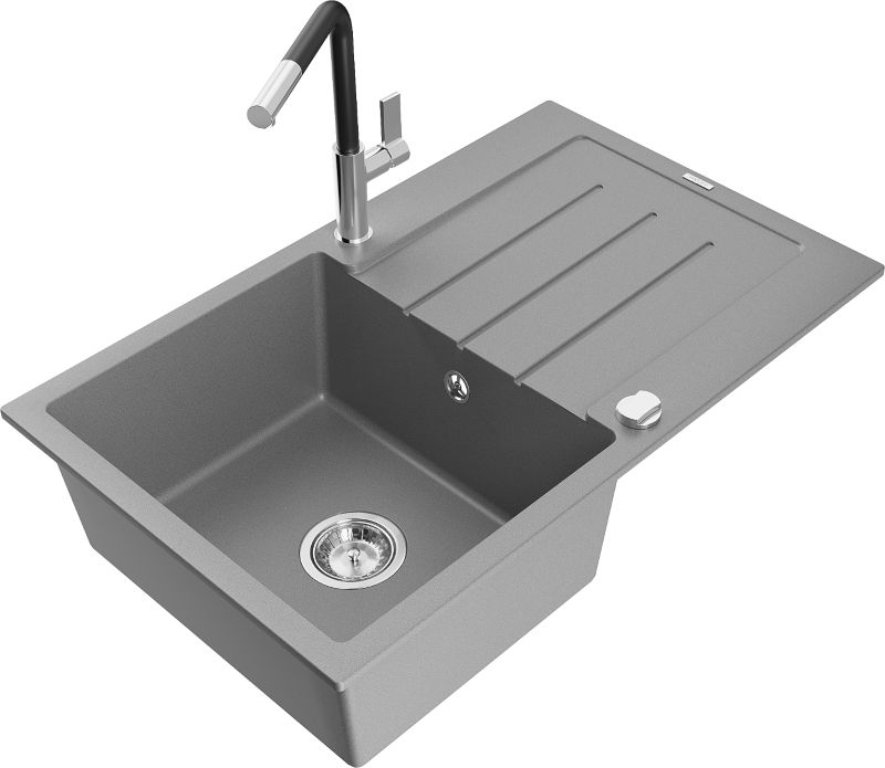 Zlewozmywak granitowy Mexen Bruno 1-komorowy z ociekaczem i baterią kuchenną Flora szary 6513-71-670401-07
