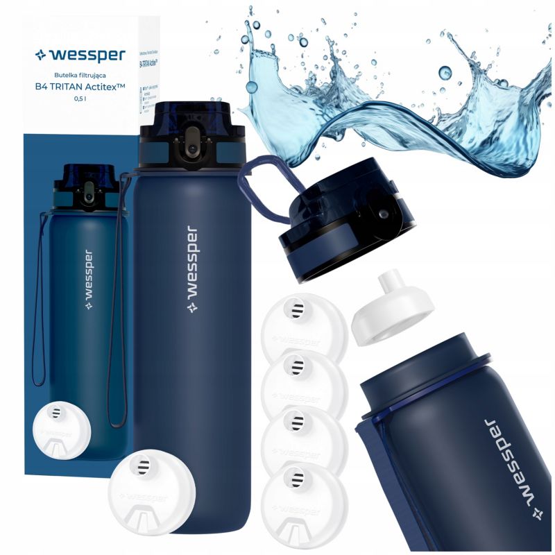 Butelka na wodę, Wessper, filtrująca, tritanowa, bidon + 5x filtr wody, bez BPA, 500ml, B4 TRITAN Actitex, niebieska, 6szt