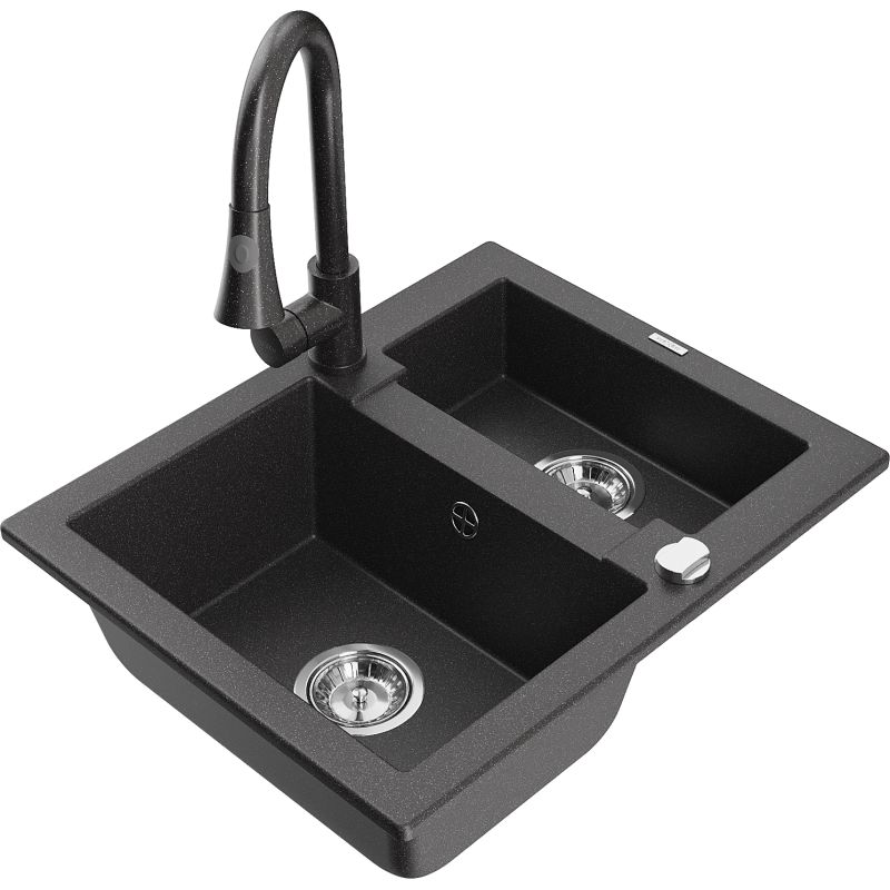Zlewozmywak granitowy 1.5-komorowy Mexen Carlos z baterią kuchenną Elia czarny/srebrny metalik - 6518-73-670101-70-B 1 szt.
