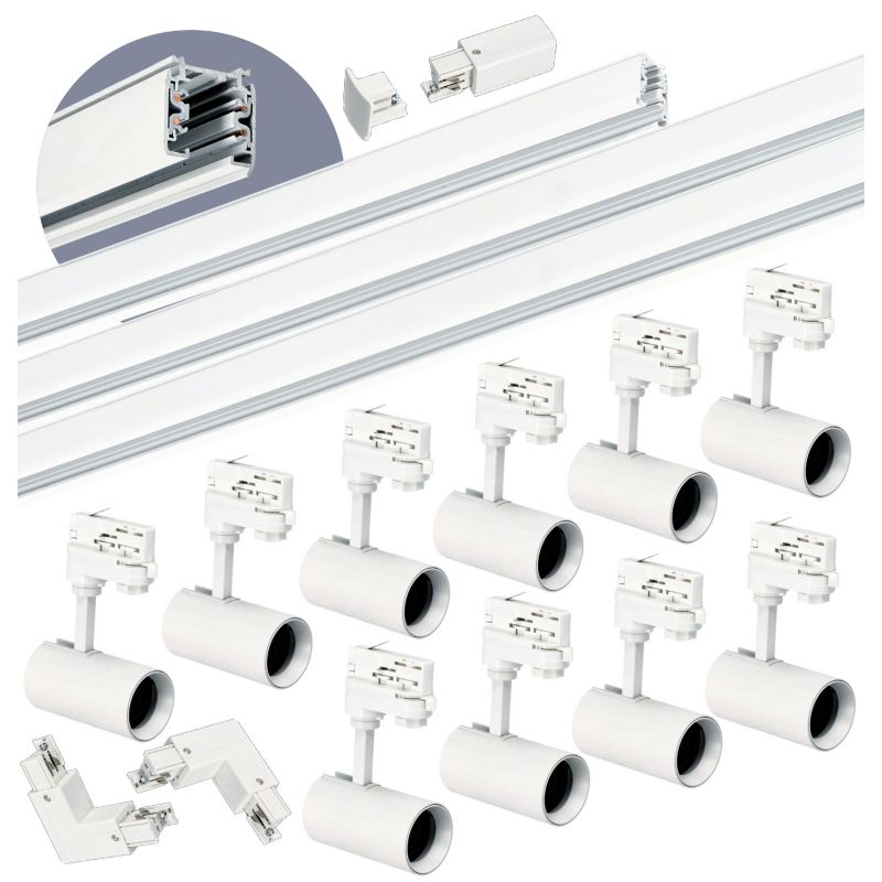 Oświetlenie szynowe 3-fazowe Kobi 1m+2m+2m, 10x Lampa, łącznik L biały 1kpl.