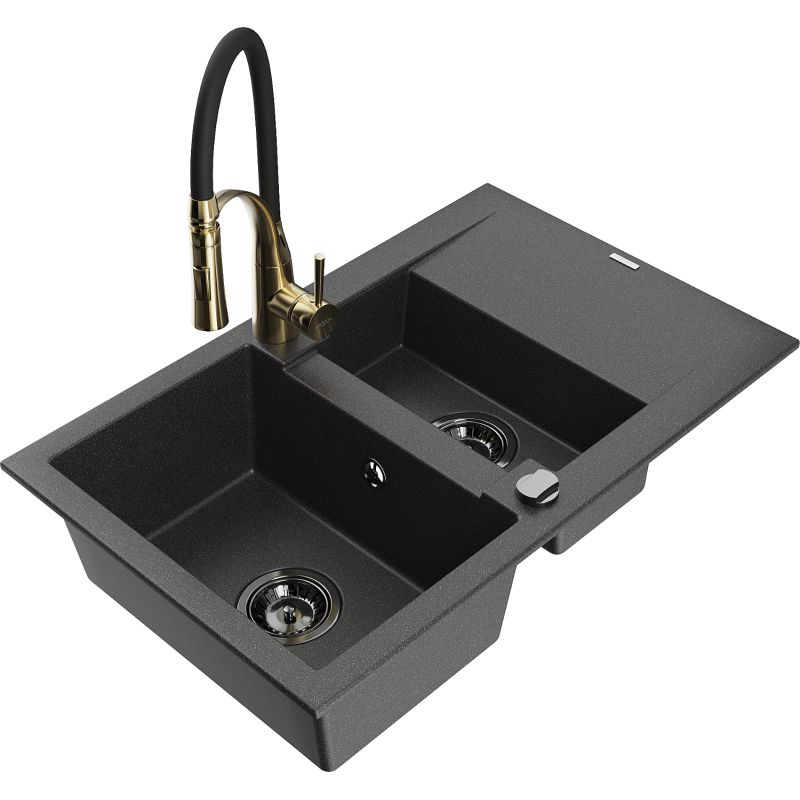 Zlewozmywak granitowy 1.5-komorowy Mexen Gaspar z ociekaczem i baterią Aster czarny nakrapiany - 6507-76-73450-07-B 1 szt.