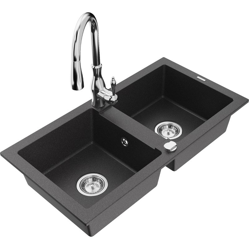 Zlewozmywak granitowy 2-komorowy Mexen Mario z baterią kuchenną Savita czarny nakrapiany - 6504-76-672601-76 1 szt.