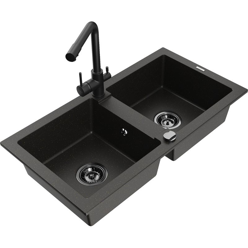 Zlewozmywak granitowy 2-komorowy Mexen Mario z baterią kuchenną Duo beżowy - 6504-69-671701-70-B 1 szt.