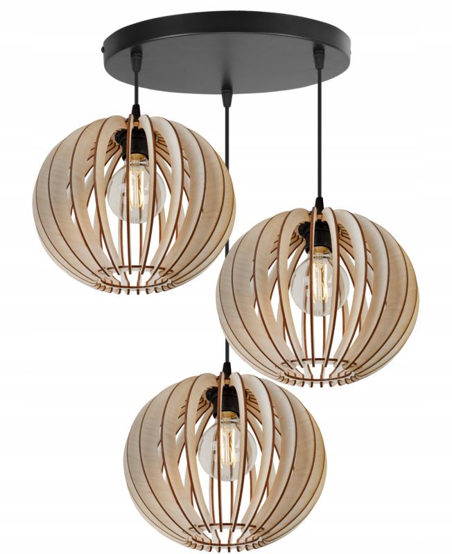 Lampa sufitowa wisząca okrągła Light Home LH Timber drewno 3x E27 60W klosz kula 27cm czarny 1szt.