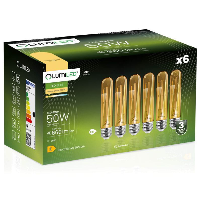 Żarówka LED LUMILED E27 T30 6W 660lm 2000K 360st AMBER FILAMENT 6 szt.