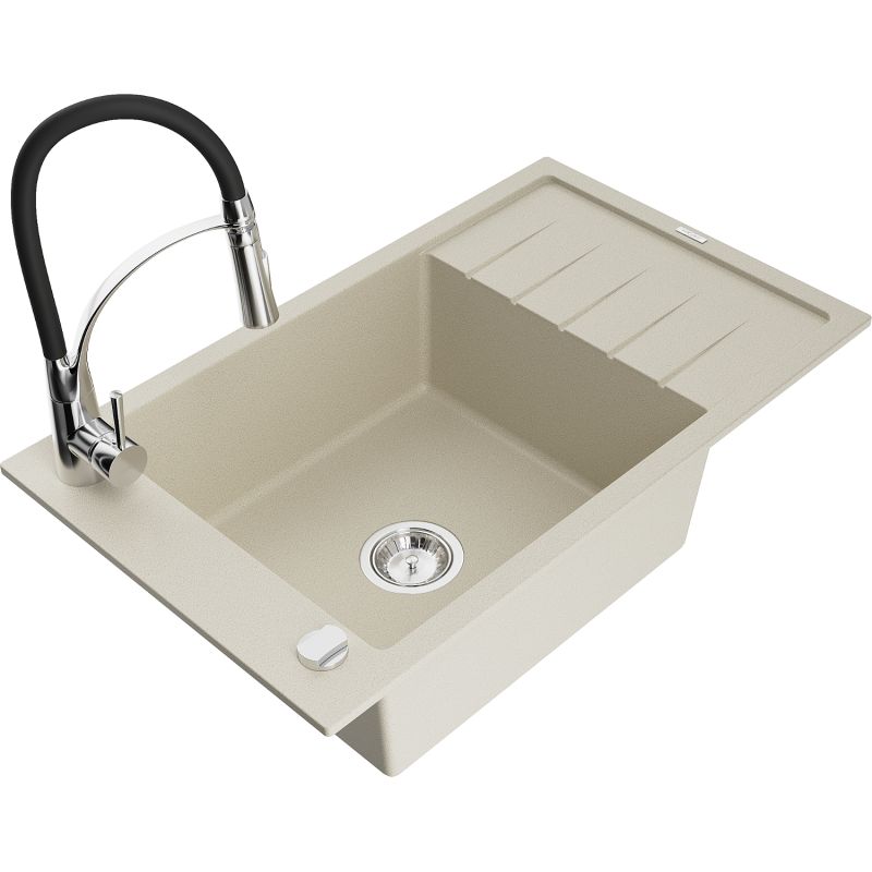 Zlewozmywak granitowy 1-komorowy Mexen Elias z ociekaczem i baterią kuchenną Aster beżowy - 6511-69-73450-07-B 1 szt.