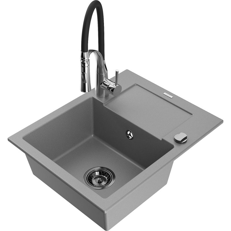 Zlewozmywak granitowy 1-komorowy Mexen Enzo z ociekaczem i baterią kuchenną Aster szary 6506-71-73450-07-B