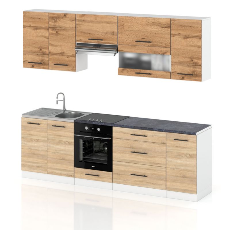 Zestaw Kuchenny Hurtownia-Mebli Z Blatem Kuchnia Marocco 260cm Biały Mat Dąb Wotan/Dąb Sonoma 260x52x157 cm 1szt.