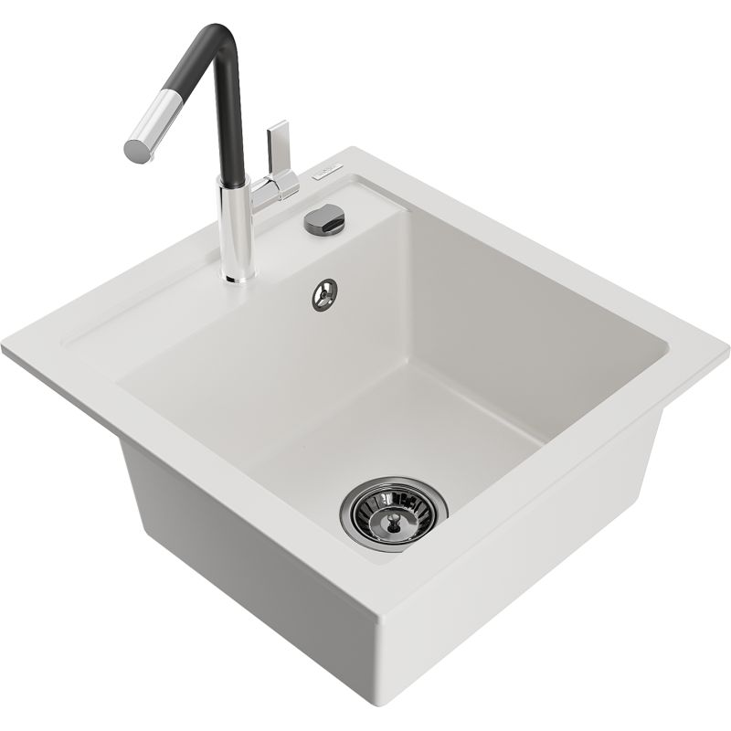 Zlewozmywak granitowy 1-komorowy Mexen Vito z baterią kuchenną Flora biały 6503-20-670401-07-B