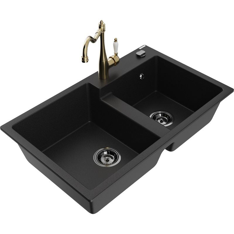 Zlewozmywak granitowy 2-komorowy Mexen Tomas z baterią kuchenną Carla czarny 6516-77-670700-50-B