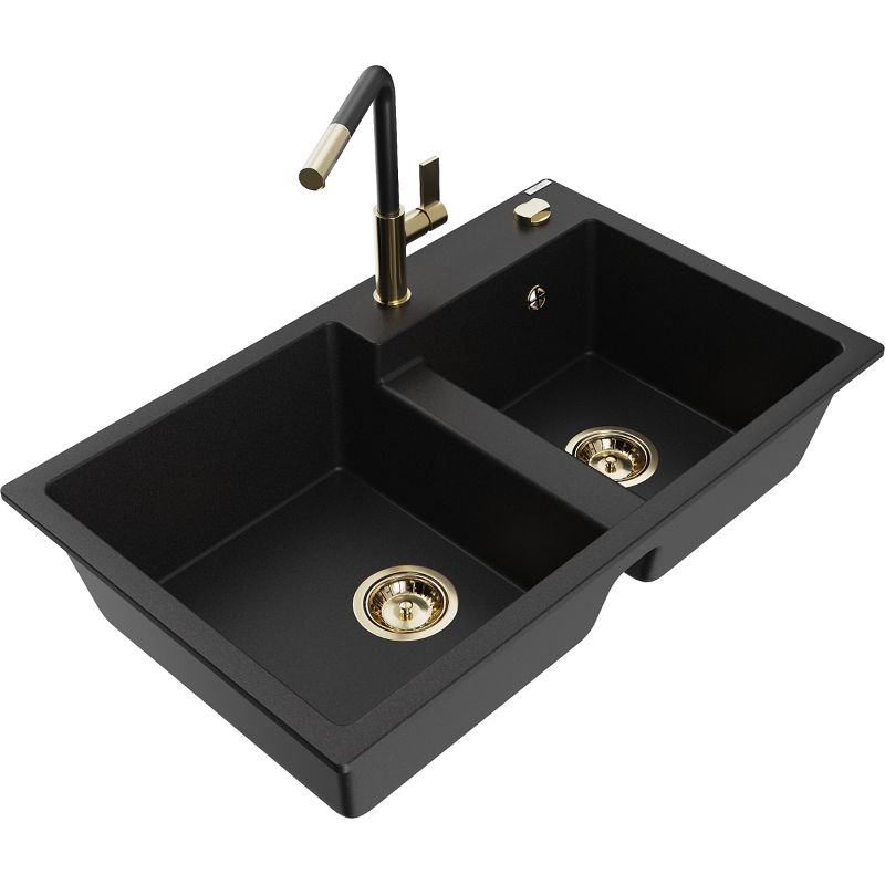 Zlewozmywak granitowy 2-komorowy Mexen Tomas z baterią kuchenną Flora czarny 6516-77-670401-57-G