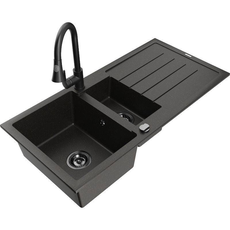 Zlewozmywak granitowy 1.5-komorowy Mexen Andres z ociekaczem i baterią kuchenną Elia czarny/złoty metalik 6515-75-670101-70-B