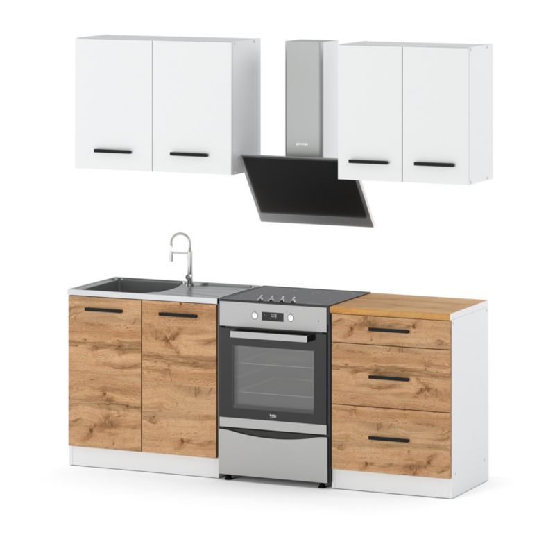 Zestaw Kuchenny Hurtownia-Mebli Z Blatem Kuchnia Mini Mokka 200cm Biały Mat Biały Mat/Dąb Wotan 200x47x145 cm 1szt.