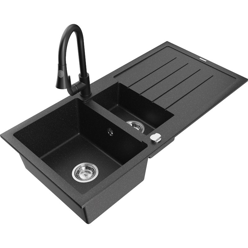 Zlewozmywak granitowy 1.5-komorowy Mexen Andres z ociekaczem i baterią Elia czarny/złoty metalik - 6515-75-670101-70 1 szt.