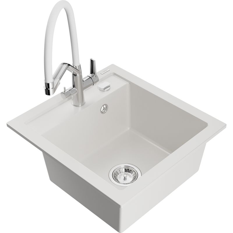 Zlewozmywak granitowy 1-komorowy Mexen Vito z baterią kuchenną Duo biały 6503-20-671701-02