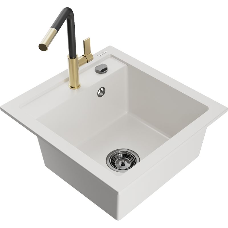 Zlewozmywak granitowy 1-komorowy Mexen Vito z baterią kuchenną Flora biały 6503-20-670401-57-B