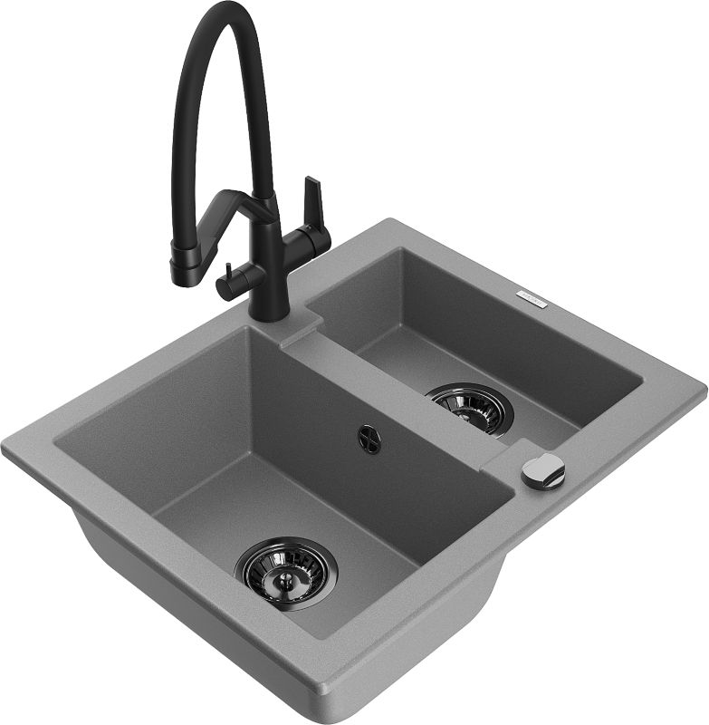 Zlewozmywak granitowy Mexen Carlos 1,5-komorowy z baterią kuchenną Elia szary - 6518-71-670101-71 1 szt.