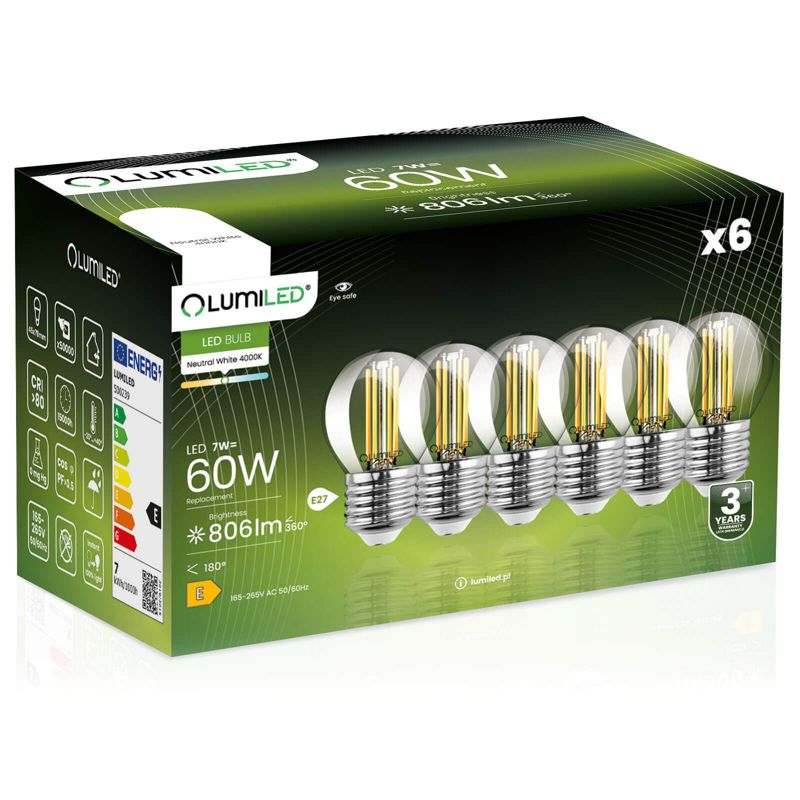 Żarówka LED Lumiled E27 Kulka P45 7W 806lm 4000K 360st Filament 6 szt.