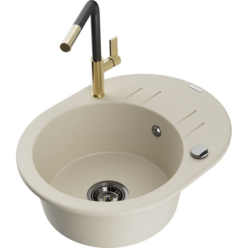 Zlewozmywak granitowy 1-komorowy Mexen Kevin z ociekaczem i baterią kuchenną Flora beżowy 6517-69-670401-57-B