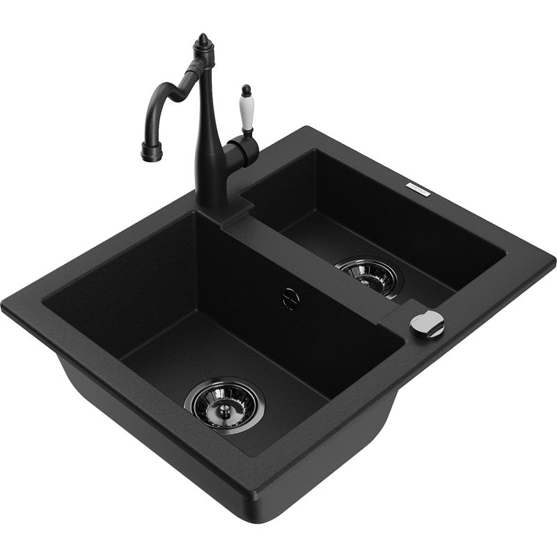 Zlewozmywak granitowy 1.5-komorowy Mexen Carlos z baterią kuchenną Carla czarny nakrapiany - 6518-76-670700-76 1 szt.